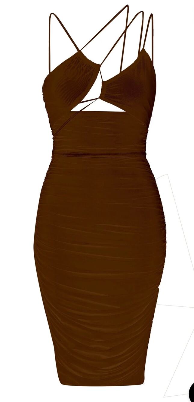 NWT LEAU Seoul Strap Cut-out Mesh Bodycon Dress Strappy Ruched Brown Sz XS Sexy